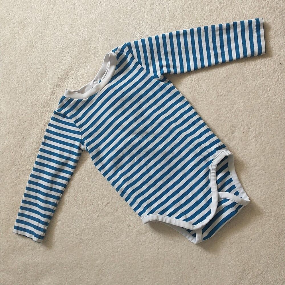 Jacadi Paris Bodysuit Baby Boy 12M Blue Striped Long Sleeves Cotton Casual*READ